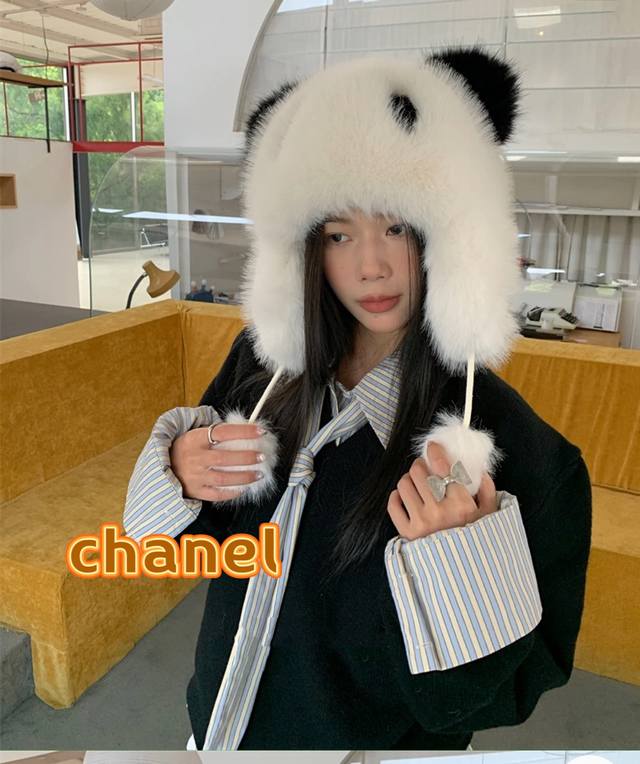 Chanel可爱大熊猫帽子女2024秋冬新款小熊耳朵毛绒帽子加厚保暖护耳帽潮