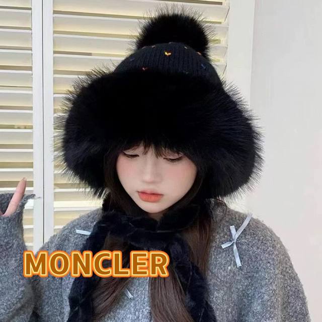 Moncler蒙口 仿兔毛彩色针织帽子女2024冬加厚加绒保暖雷锋帽骑车防寒毛线帽潮