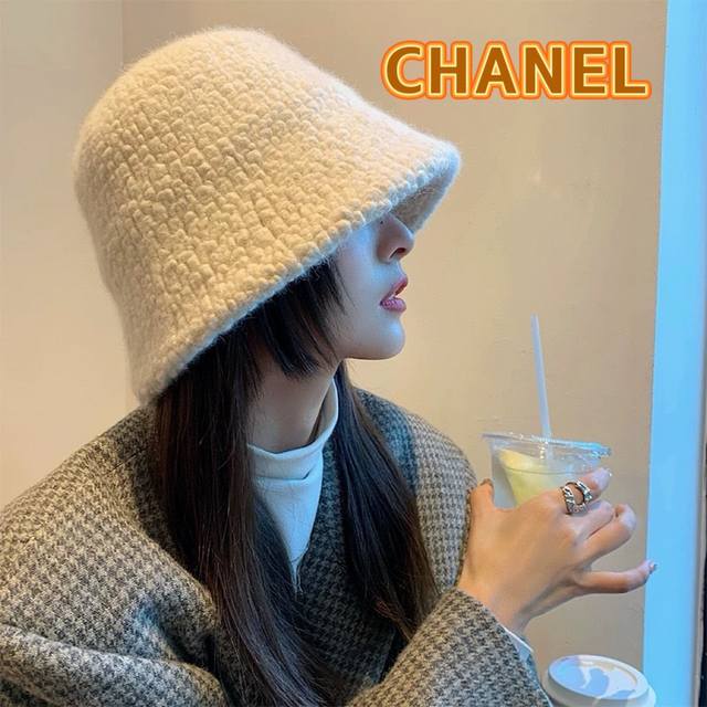 Chanel白色水桶渔夫帽女春冬季羊羔毛绒帽子大头围显脸小盆帽