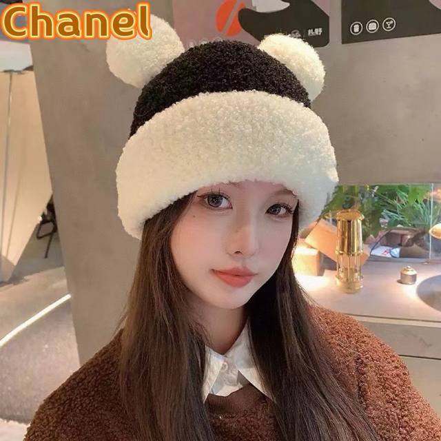 Chanel香奈儿新款可爱小熊米色针织帽可爱小熊毛绒帽女秋冬季保暖显脸小包头帽