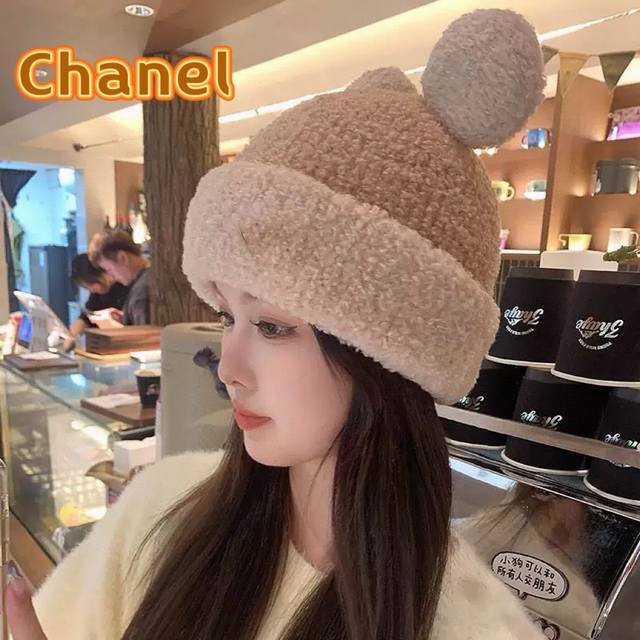 Chanel香奈儿新款可爱小熊米色针织帽可爱小熊毛绒帽女秋冬季保暖显脸小包头帽