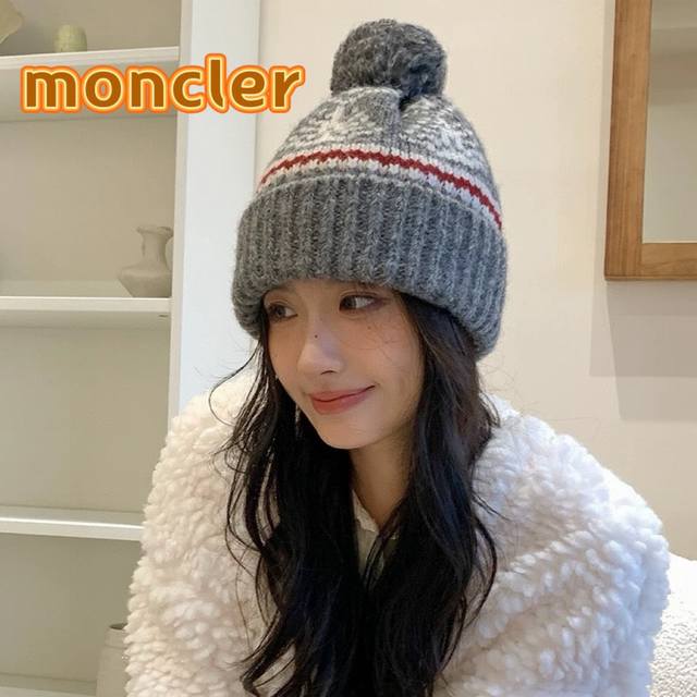 Moncler2024复古费尔岛风毛线帽子女冬季加厚保暖针织帽日系可爱护耳冷帽