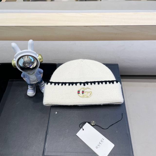 Gucci 韩国Fever同款白色毛线帽女冬季保暖针织帽子大头围显脸小Ins冷帽