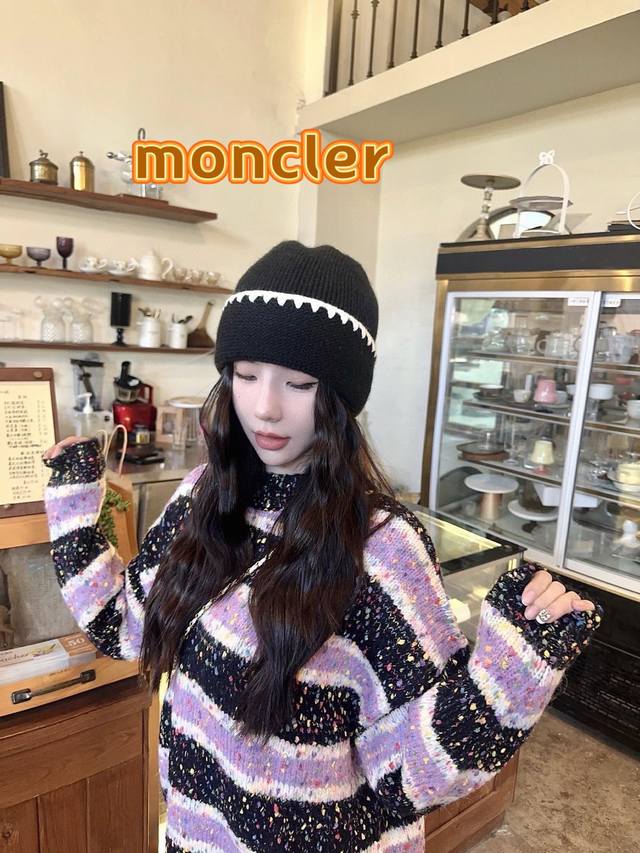 Moncler陈奶奶 简约百搭撞色细织毛线帽女秋冬显脸小针织帽保暖包头冷帽