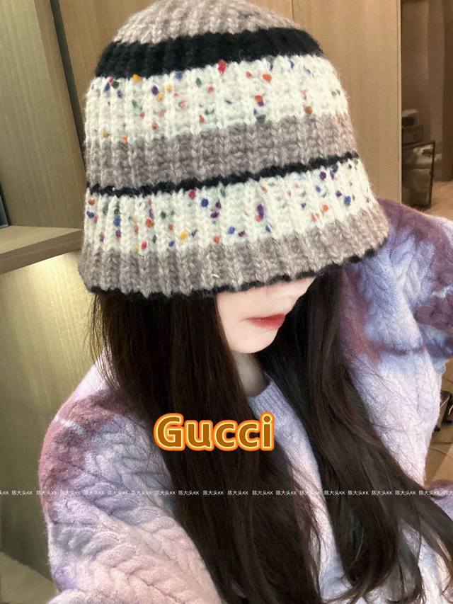 Gucci韩系条纹针织渔夫帽子女秋冬季时尚保暖盆帽显脸小百搭毛线水桶帽