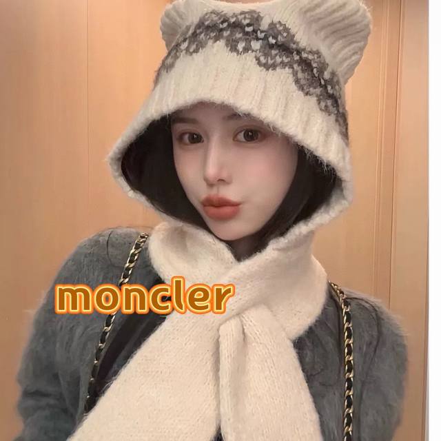 Moncler可爱小熊帽子女秋冬护脖围巾一体针织帽户外保暖巴拉克法帽大头围