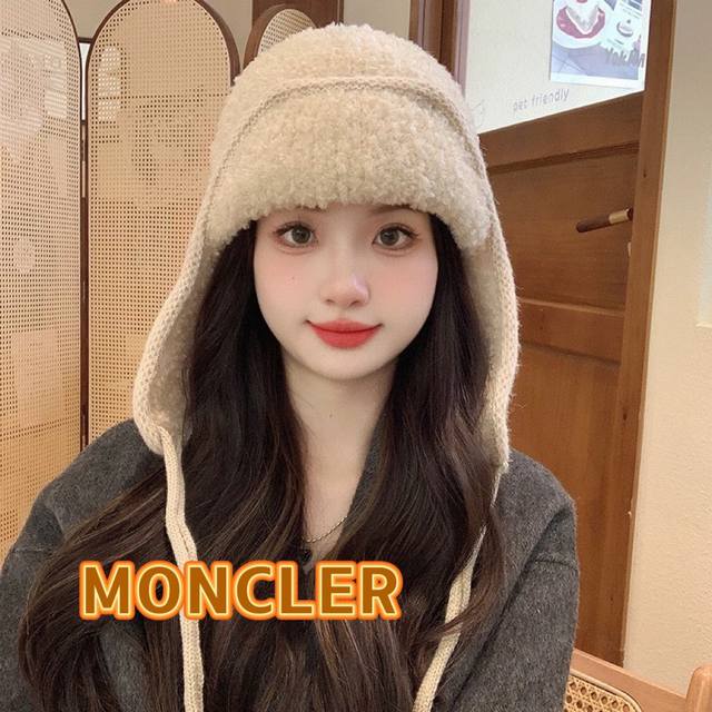 Moncler冬季帽子女护耳帽防风韩版雷锋帽甜美可爱系带加绒纯色骑行包头帽