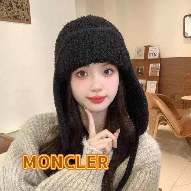 Moncler冬季帽子女护耳帽防风韩版雷锋帽甜美可爱系带加绒纯色骑行包头帽