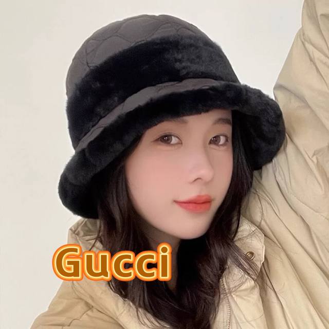 Gucci 毛绒帽子2024新款秋冬季百搭显脸小保暖渔夫帽女士日系网红水桶帽