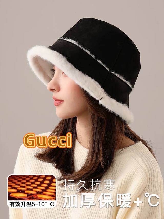 Gucci复古麂皮绒渔夫帽子女秋冬百搭加厚保暖显脸小毛绒帽遮素颜水桶帽