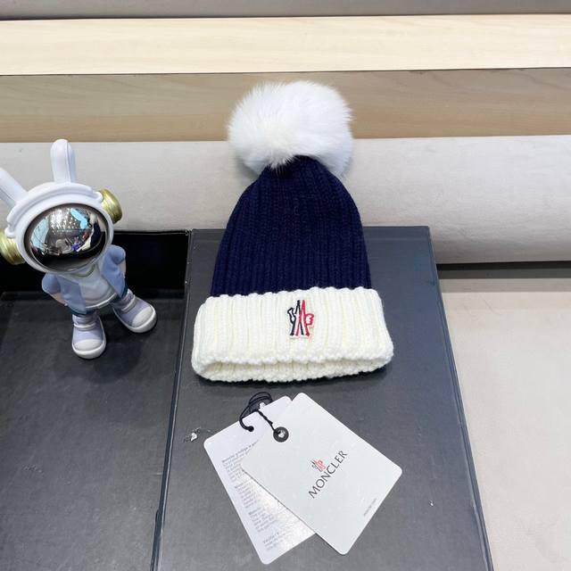 Moncler2024新款蒙口冬季纯羊毛保暖百搭白色儿童保暖针织帽欧美小红书推