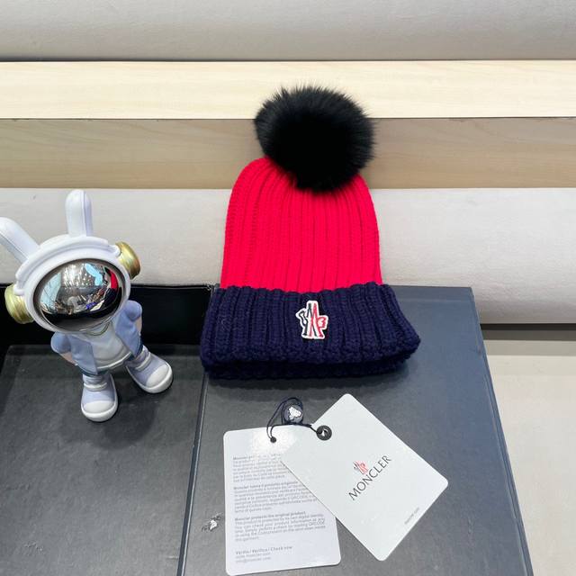 Moncler2024新款蒙口冬季纯羊毛保暖百搭白色儿童保暖针织帽欧美小红书推