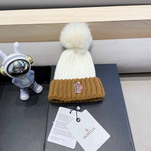 Moncler2024新款蒙口冬季纯羊毛保暖百搭白色儿童保暖针织帽欧美小红书推