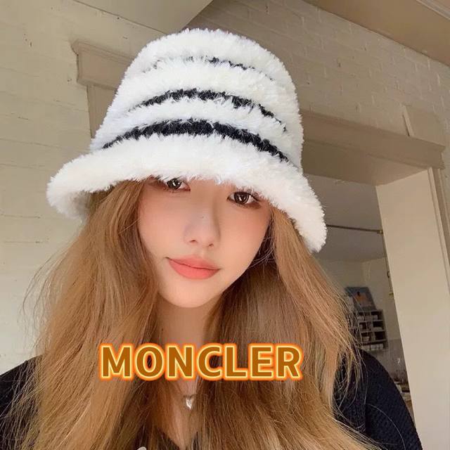 Moncler毛绒条纹渔夫帽女韩系2024冬季新款拼色帽子韩版女士秋冬保暖盆帽