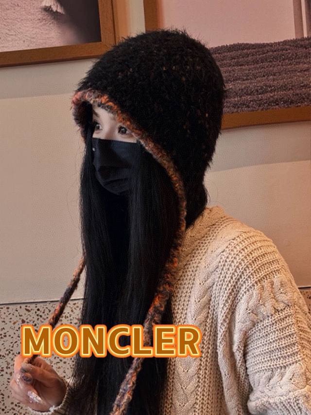 Moncler蒙口2024新款手工编织混色绑带毛绒帽子女秋冬季保暖百搭毛线护耳帽潮