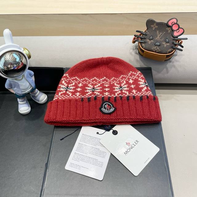 Moncler2024新款提花毛线帽女秋冬保暖100%羊毛护耳大头围针织帽子显脸小