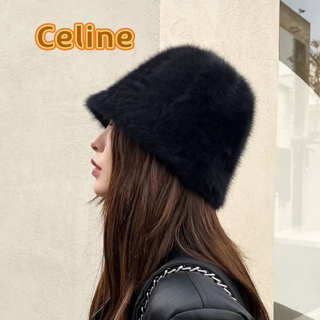 塞琳Celine2024新款白色兔毛渔夫帽子女秋冬网红素颜大头围水桶帽毛绒盆帽潮