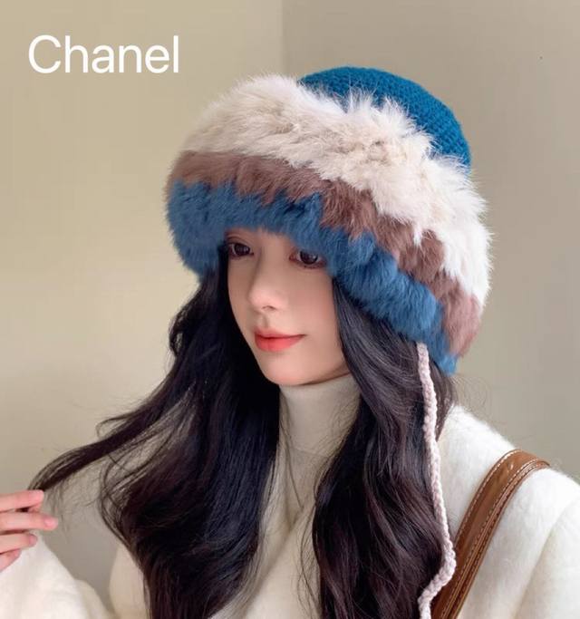 Chanel香奈儿 兔毛绒绒手工帽子女秋冬大头围保暖毛线帽护耳雷锋帽显脸小针织帽