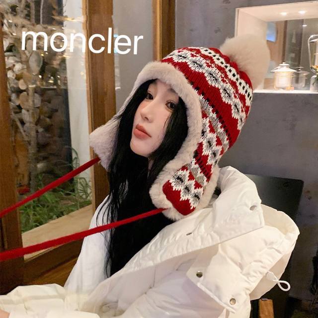 Moncler显脸小帽子女秋冬雷锋帽韩版潮百搭加绒日系护耳帽保暖针织毛线帽