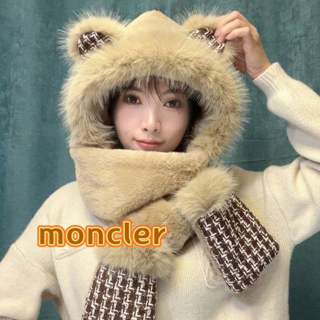 Moncler千鸟格帽子冬季耳朵狐狸新款可爱小熊毛绒加厚保暖围巾手套一体雷锋帽潮