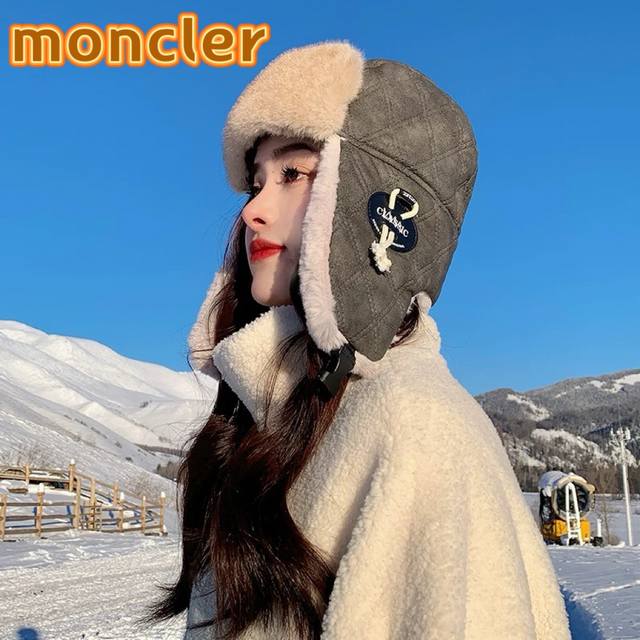 Moncler雷锋帽男女冬天户外骑车防风保暖皮质护耳帽东北加绒加厚防寒棉帽