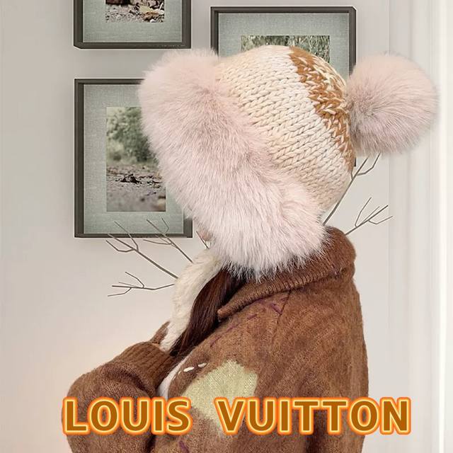 上新！路易威登 Louisvuitton 秋冬季毛线帽女可爱毛球护耳新款毛线保暖雷锋帽球球系带针织帽子