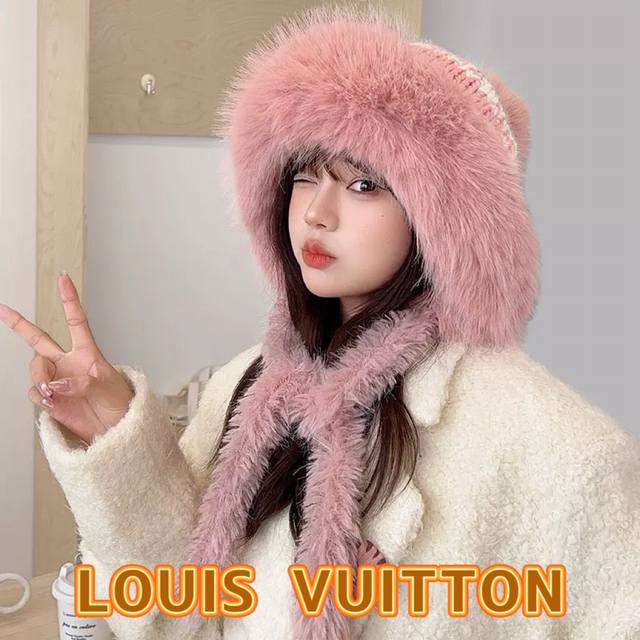 上新！路易威登 Louisvuitton 秋冬季毛线帽女可爱毛球护耳新款毛线保暖雷锋帽球球系带针织帽子