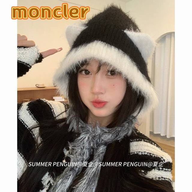 Moncler韩版毛绒帽女2024新款猫耳朵渔夫帽秋冬季加厚护耳绑带针织毛线帽