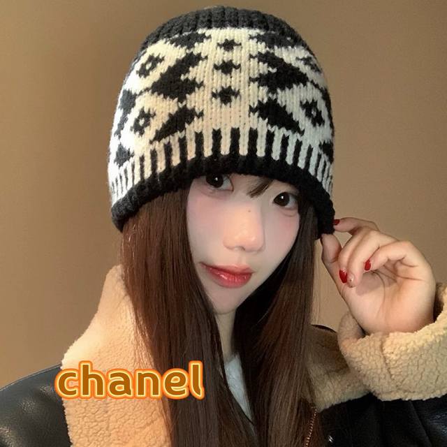 Chanel 郑佰万 毛线帽子女显脸小2024秋冬新款针织冷帽街头韩系堆堆帽潮