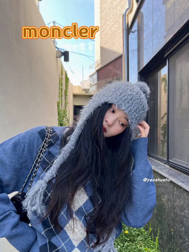 Moncler秋冬仿貂毛保暖护耳针织帽女2024新款绑系包头帽甜美百搭毛绒帽