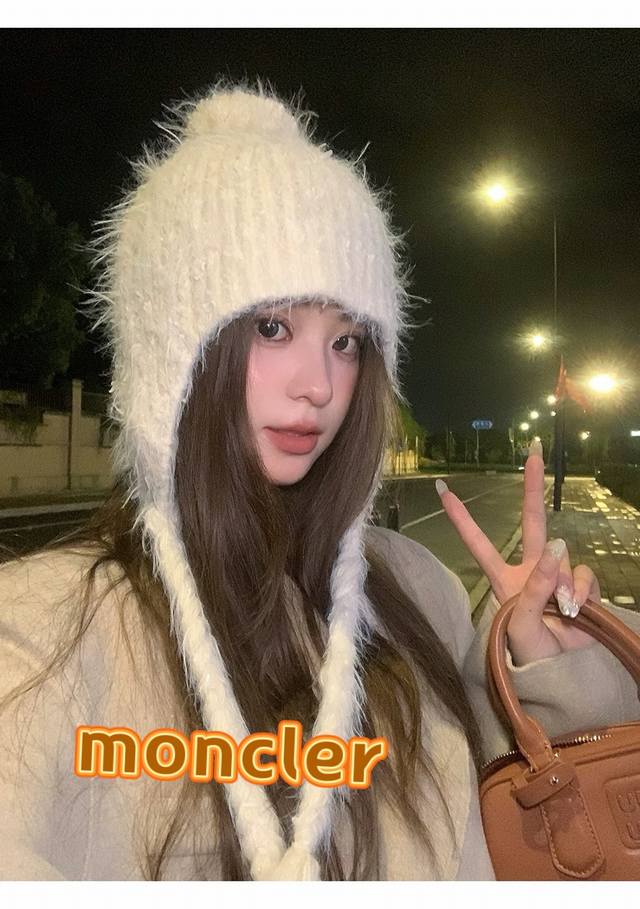 Moncler秋冬仿貂毛保暖护耳针织帽女2024新款绑系包头帽甜美百搭毛绒帽