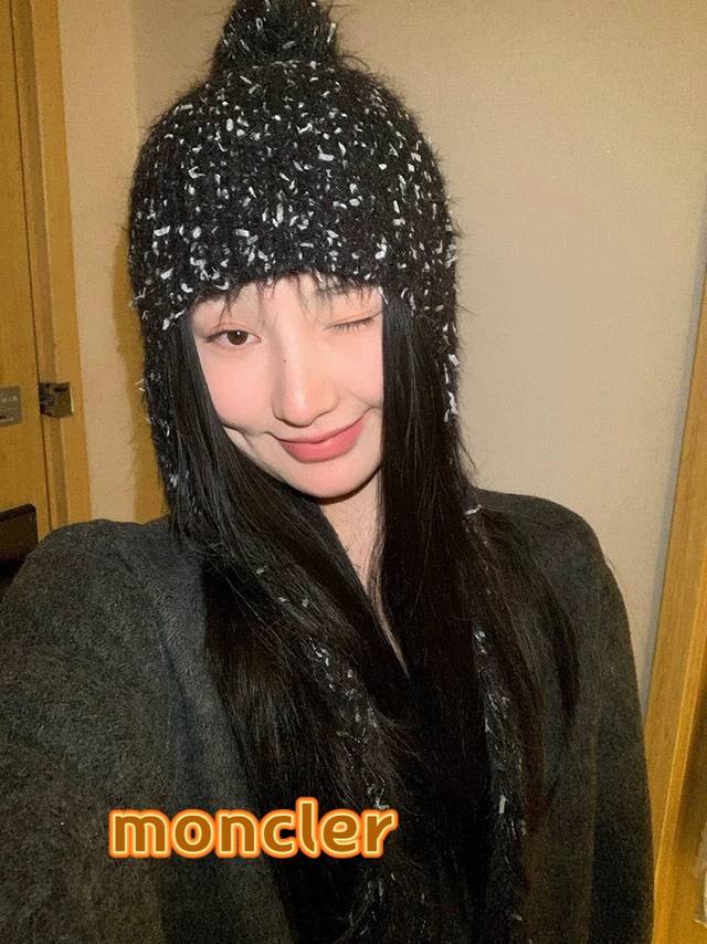 Moncler秋冬仿貂毛保暖护耳针织帽女2024新款绑系包头帽甜美百搭毛绒帽