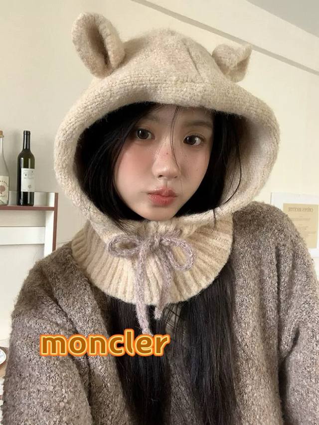 Moncler可爱兔耳朵巴拉克拉法帽女2024年秋冬季灰色帽子保暖护耳毛线帽潮