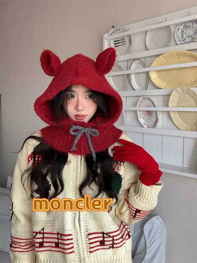 Moncler可爱兔耳朵巴拉克拉法帽女2024年秋冬季灰色帽子保暖护耳毛线帽潮