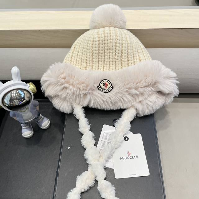 Moncler 正品 蒙口白毛绒水貂毛雷锋加厚保暖雪地护耳彩色毛线帽