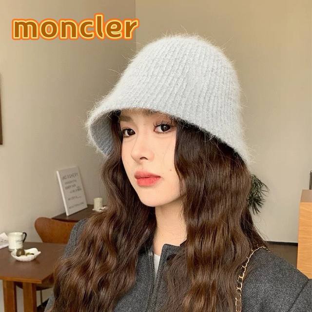 Moncler新款针织渔夫帽女秋冬季帽子日系显脸小保暖盆帽高级感时尚水桶帽