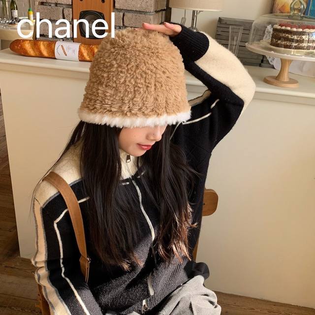 Chanel香奈儿 渔夫帽女冬季黑色针织水桶帽子年毛绒保暖百搭显脸小盆帽