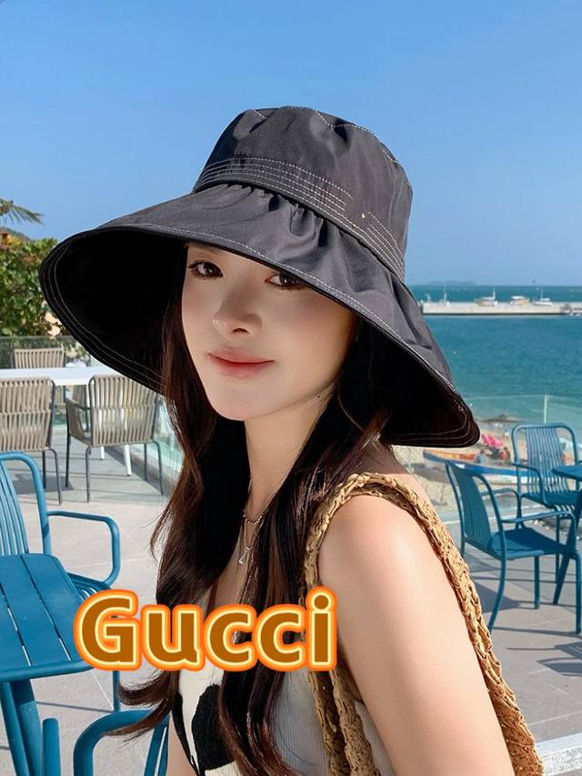 Gucci古奇赫本风春夏帽子女新款走线抽绳大檐渔夫帽韩版防户外紫外线太阳帽