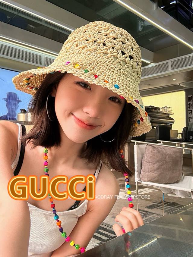 Gucci泫雅风彩色木珠草编防晒帽子女夏 新款百搭遮阳大檐草帽可折叠